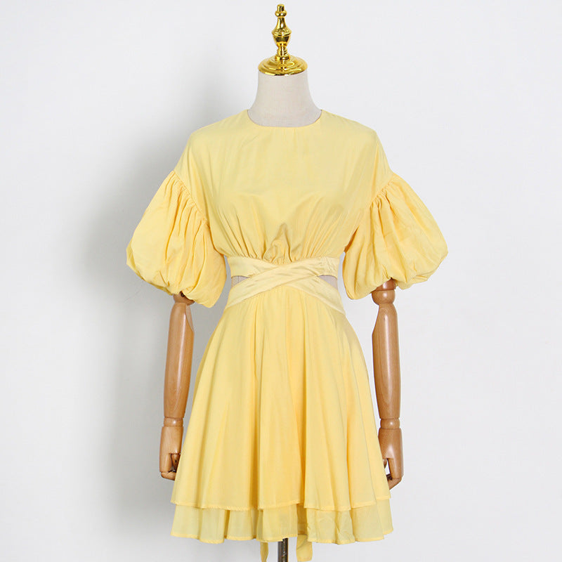 Puff Sleeves Waist Tie Solid Dress