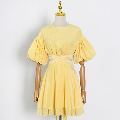 Puff Sleeves Waist Tie Solid Dress