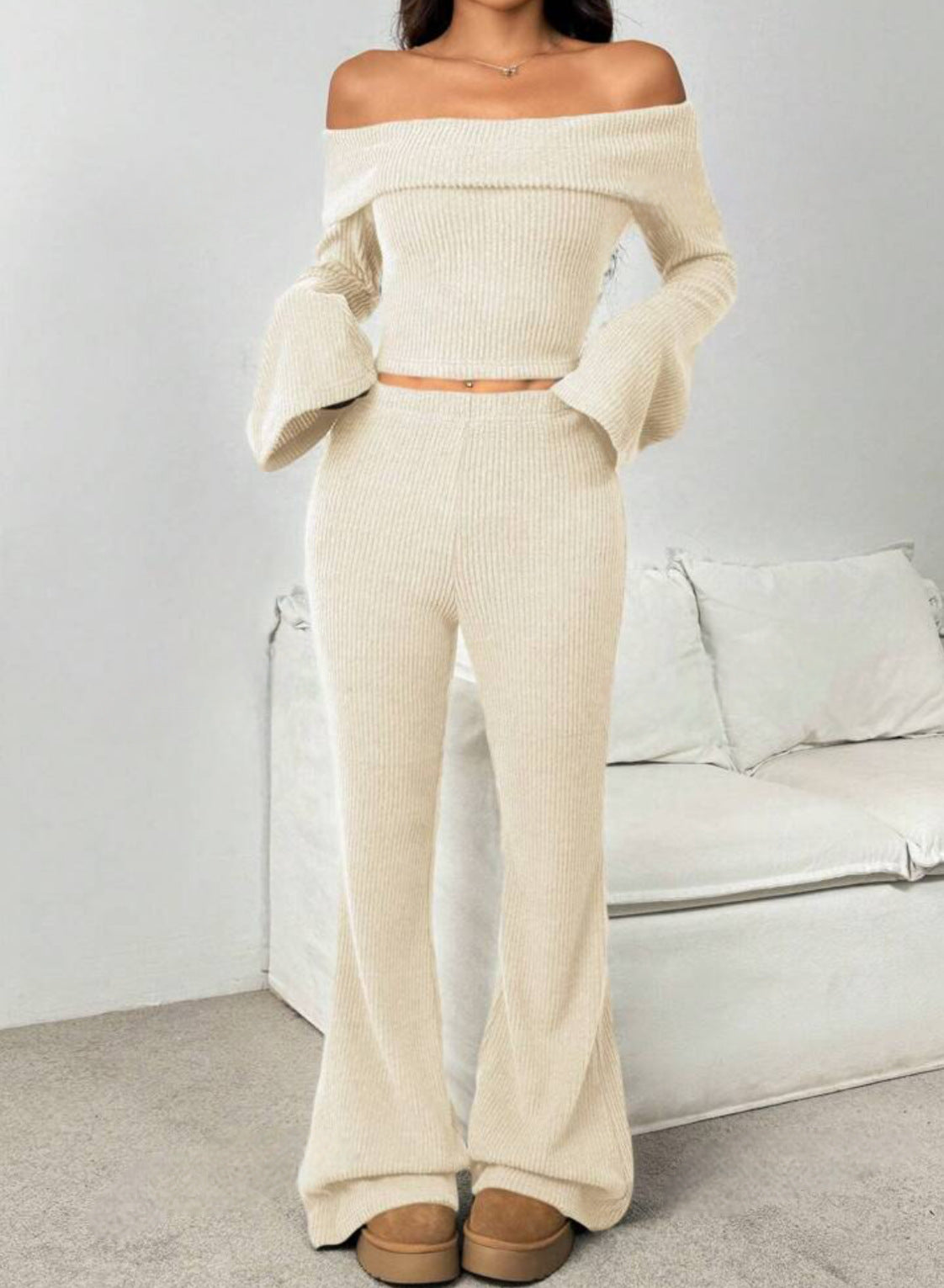 Off-neck Long-sleeve Knit Set