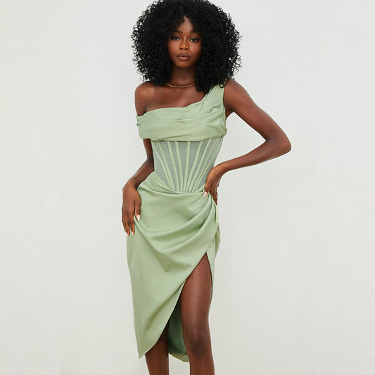 Corset-Style One‑Shoulder Irregular Slit Dress