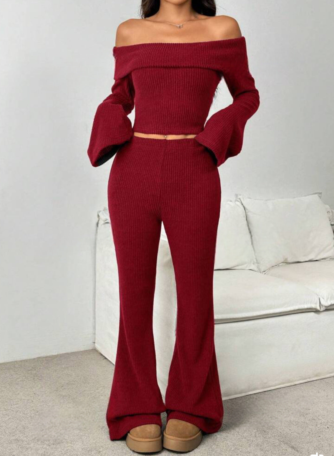 Off-neck Long-sleeve Knit Set