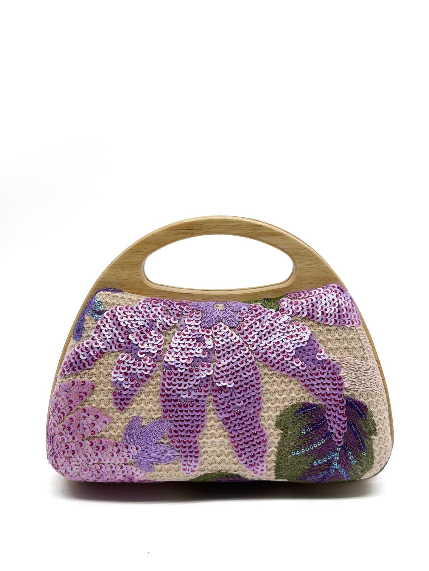 Wooden Handle Straw Sequins Handbag