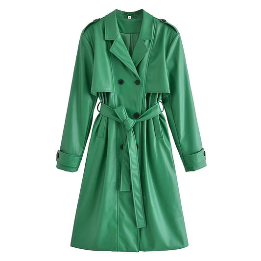 Faux Leather Long Trench Coat