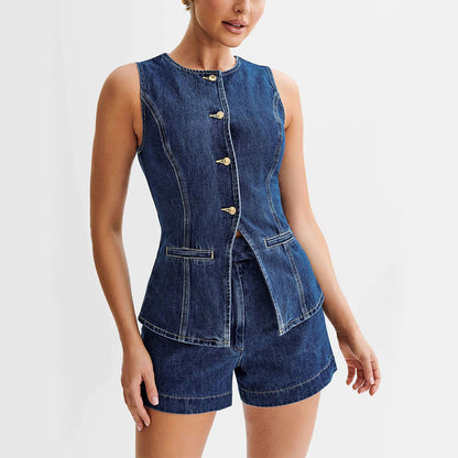 Denim Top And High Waist Shorts Set