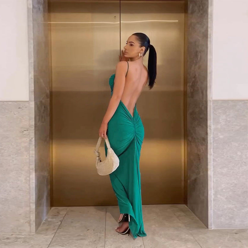 Backless Pleated Sheath Long Dress