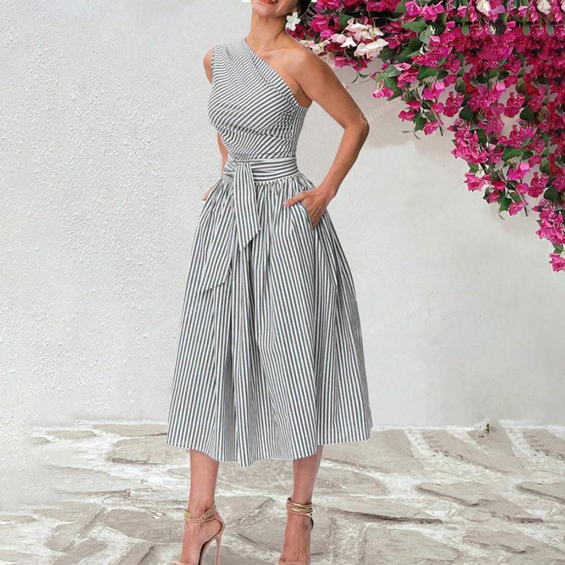 One Shoulder Striped Midi Dress