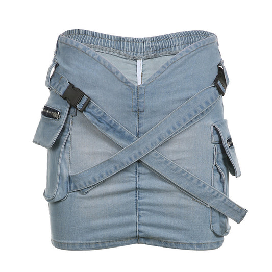 Cross Buckle V-shaped Denim Skirt