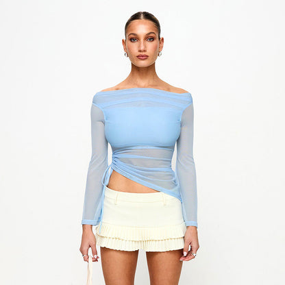 Solid Long-sleeved Off-shoulder Top