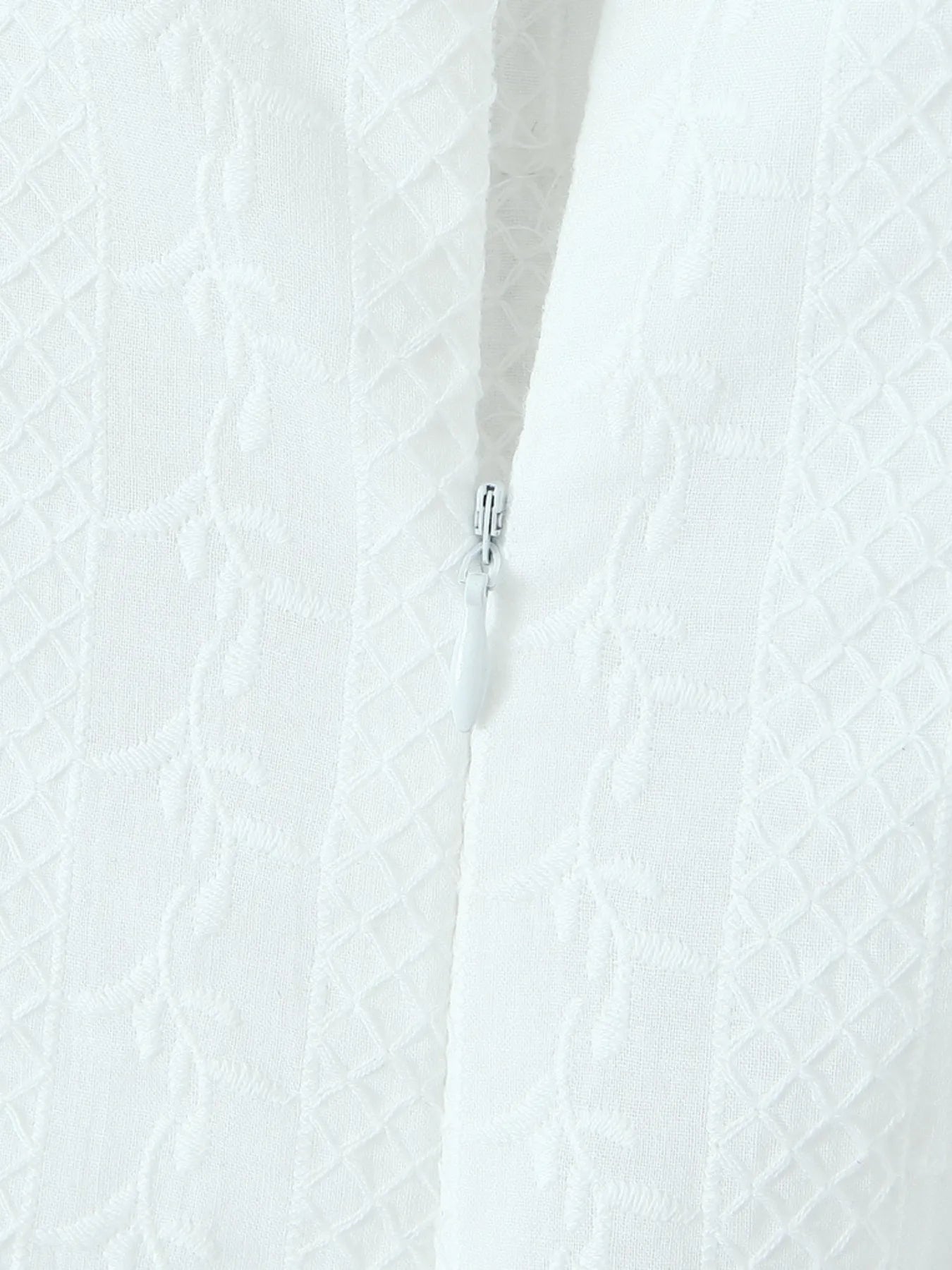 Close-up of lace mini dress in white zipper and fabric texture 