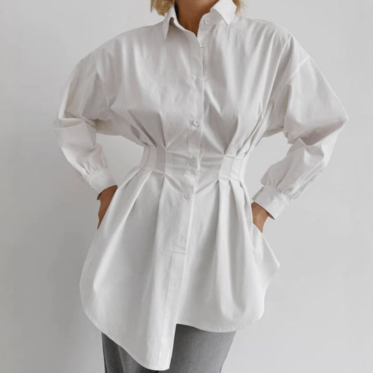 Cinched Pleated Long Sleeve Shirt