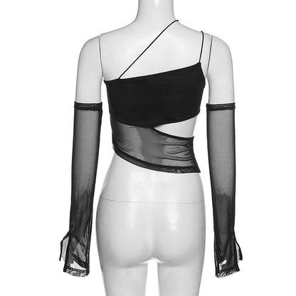 Slim Fit Midriff-baring Hollowed-out Mesh Shirt