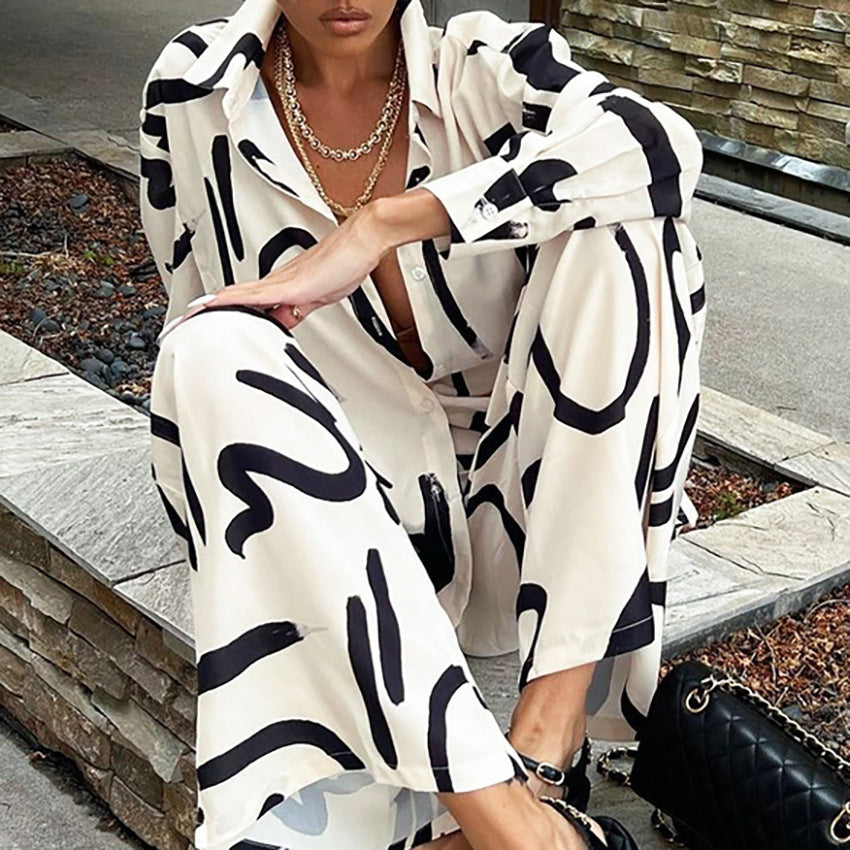 Printed Long  Wide-Pants Two-piece Set