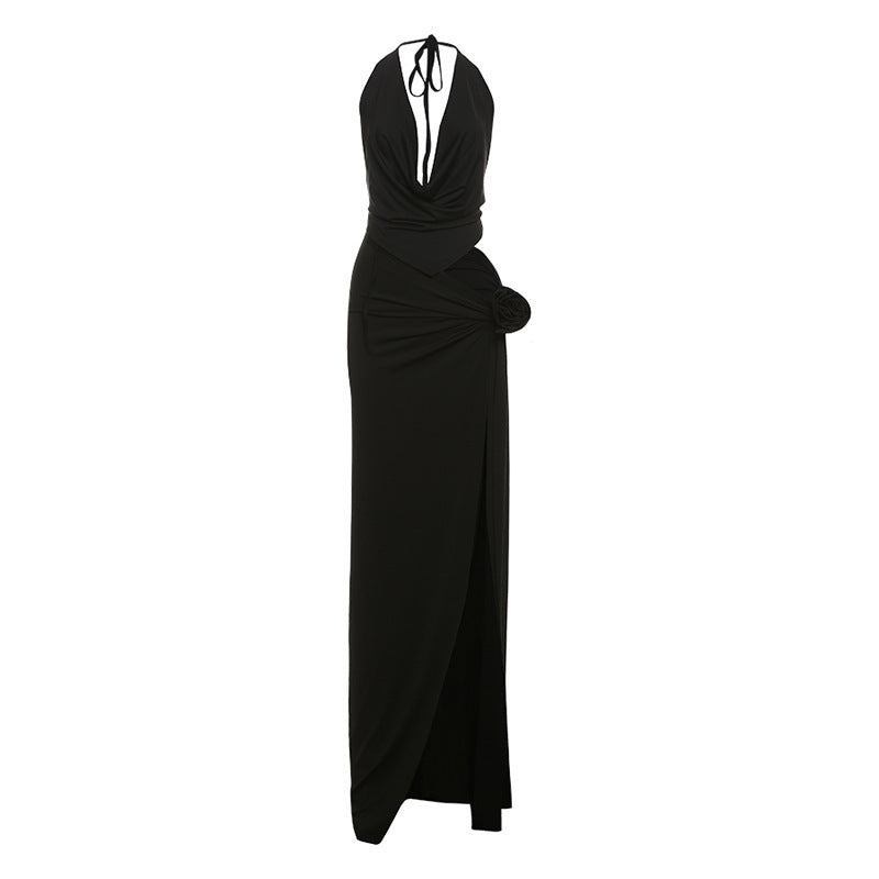 Deep V-neck Halter High Slit Skirt Set