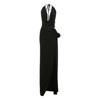 Deep V-neck Halter High Slit Skirt Set