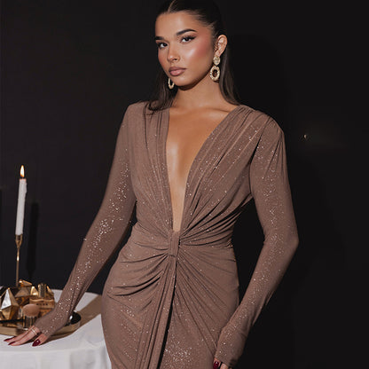 Deep V-neck Ribbon Fitting Dress