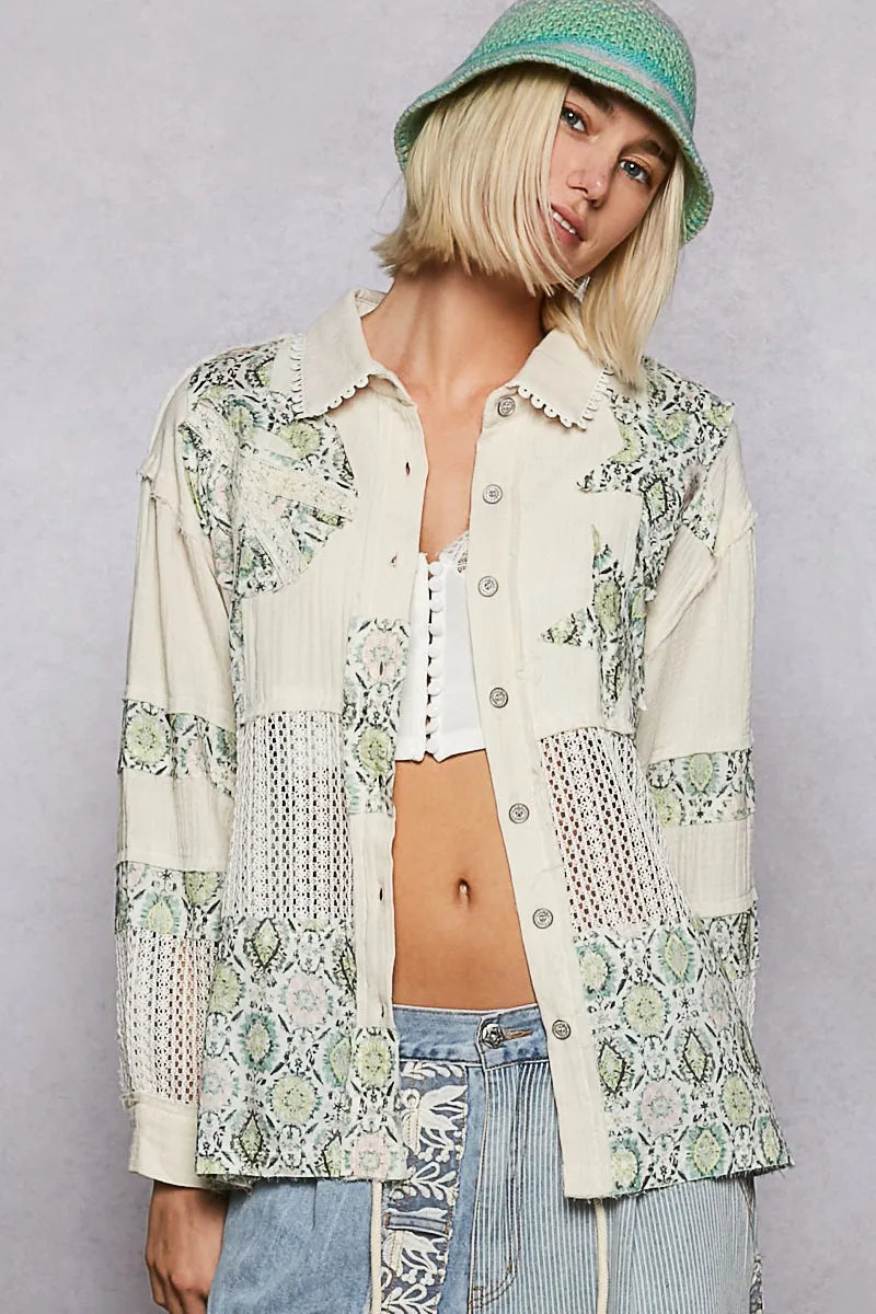 Woman wearing printed Crochet Patchwork Button-Up Shirt open with bralette front view