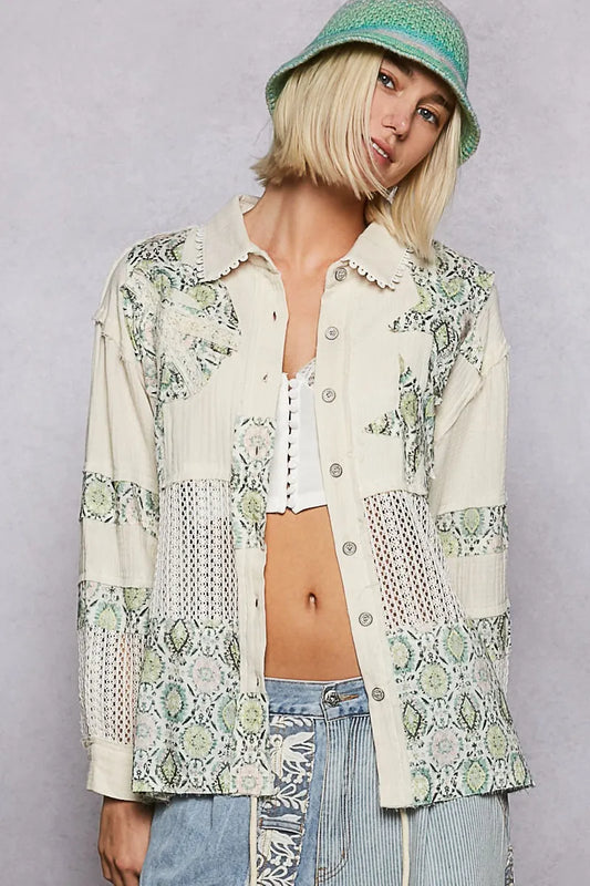Woman wearing printed Crochet Patchwork Button-Up Shirt open with bralette front view