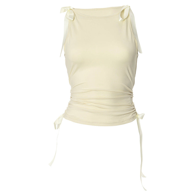 Navel Solid Ribbon Drawstring Top