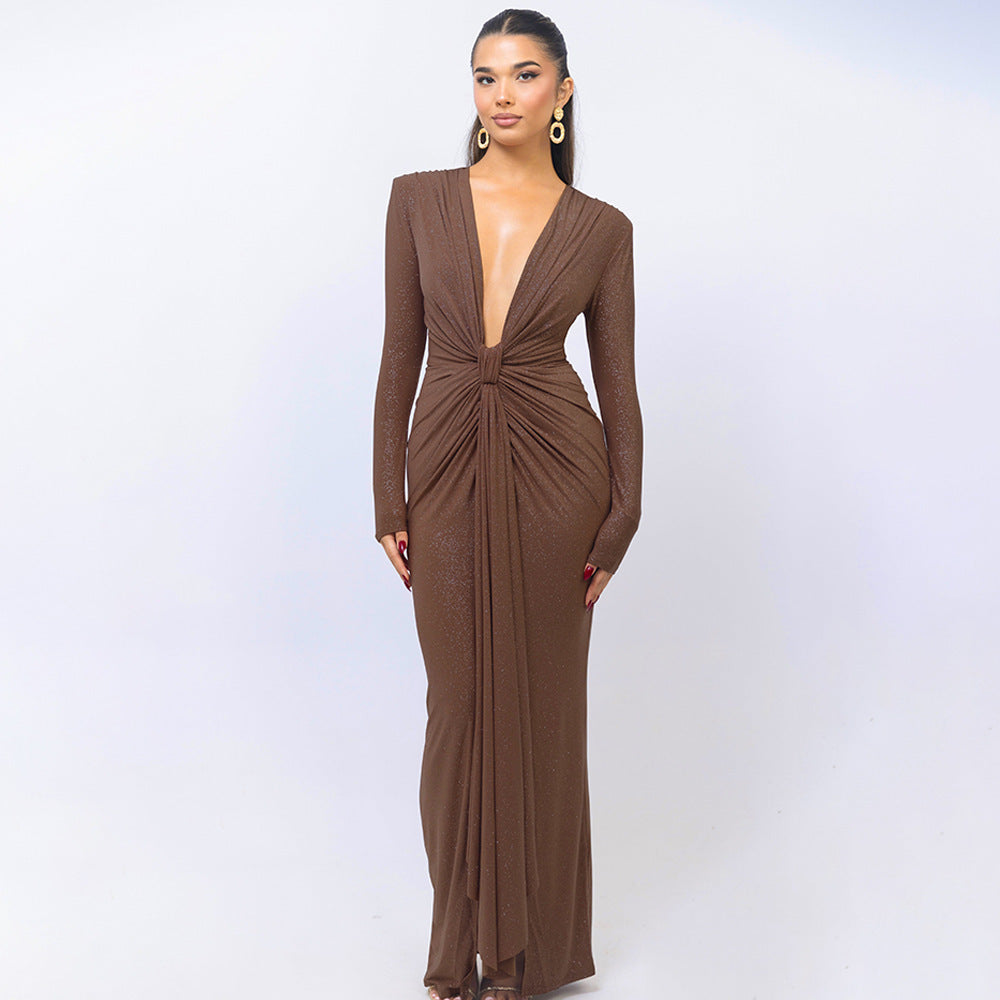 Deep V-neck Ribbon Fitting Dress