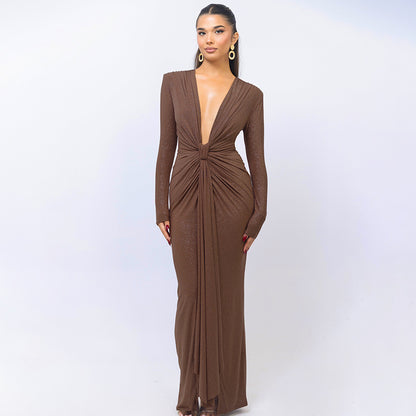 Deep V-neck Ribbon Fitting Dress