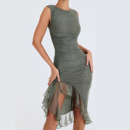 Slim Ruffled Sleeveless Dress