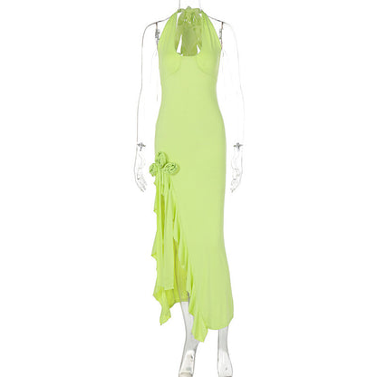 Deep V Halter Flower Slim Fit Dress