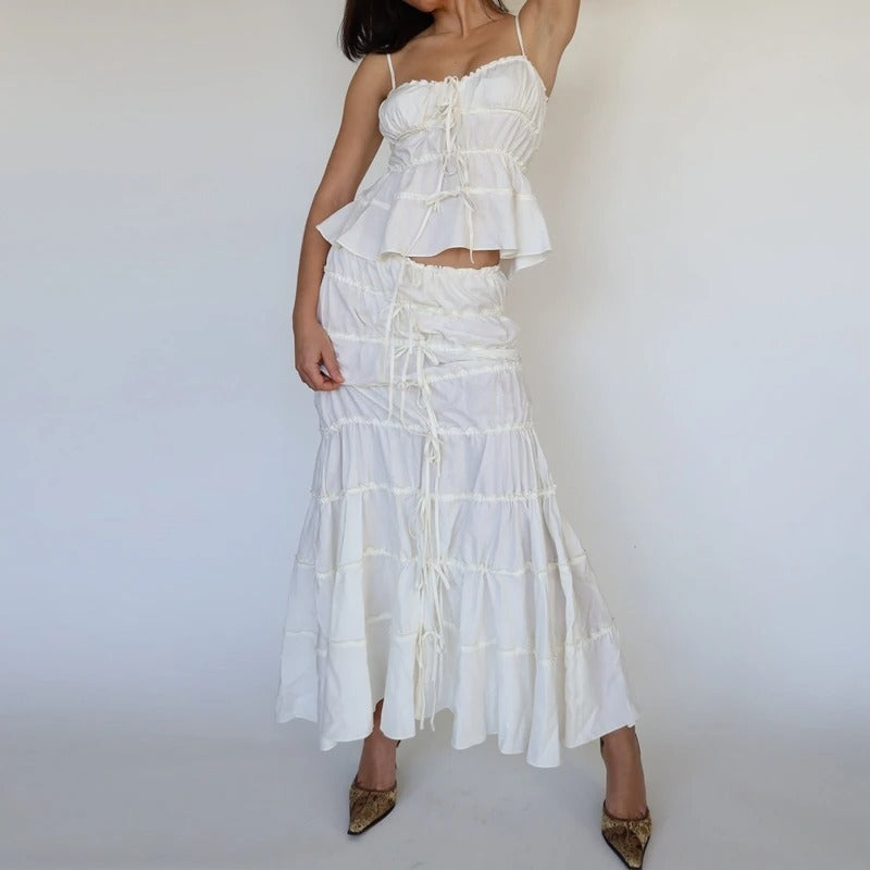 Slim-fit Patchwork Top Tie-up Skirt Set
