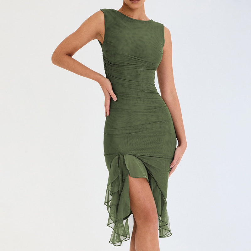 Slim Ruffled Sleeveless Dress