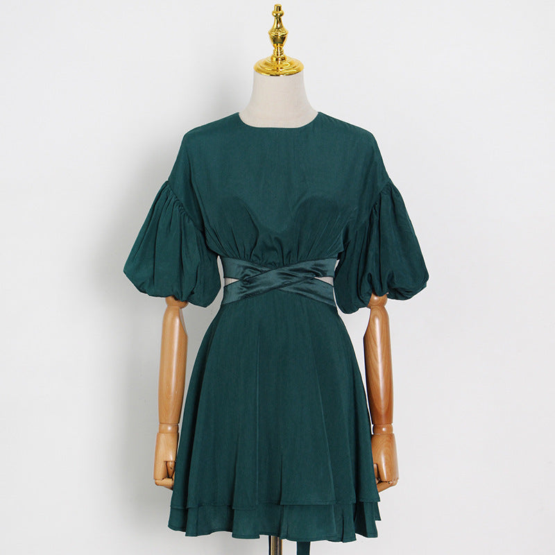 Puff Sleeves Waist Tie Solid Dress