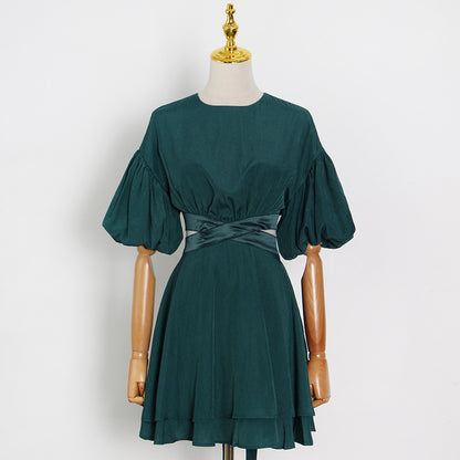 Puff Sleeves Waist Tie Solid Dress