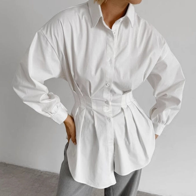 Cinched Pleated Long Sleeve Shirt