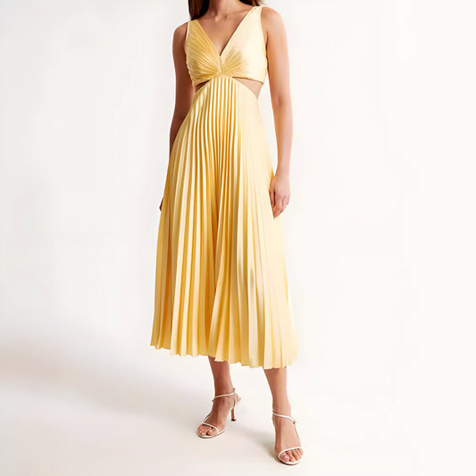 V-neck Hollow Pleated Dress