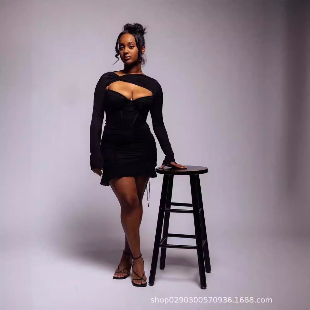 Long Sleeve Pleated Slim-fit Mini Dress