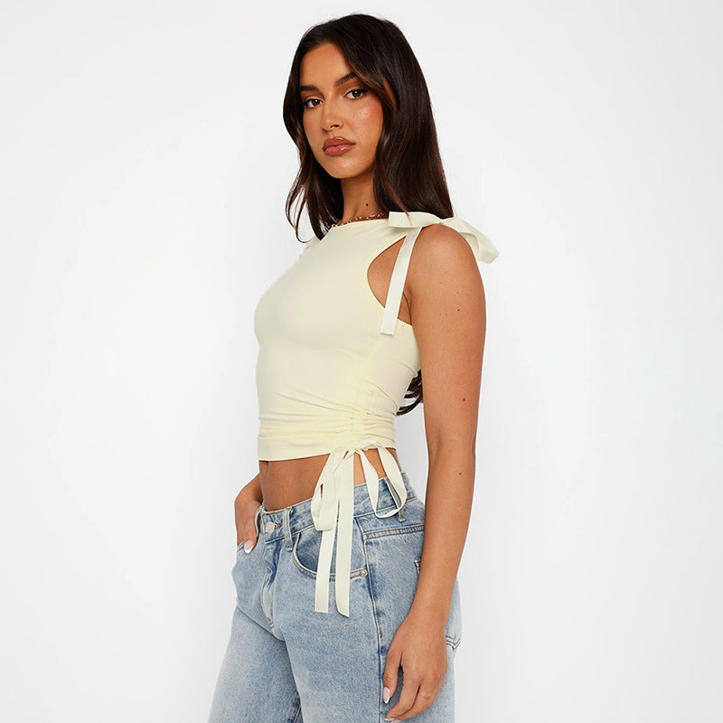 Navel Solid Ribbon Drawstring Top