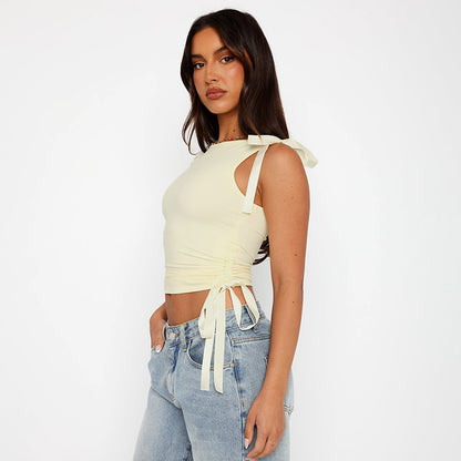 Navel Solid Ribbon Drawstring Top