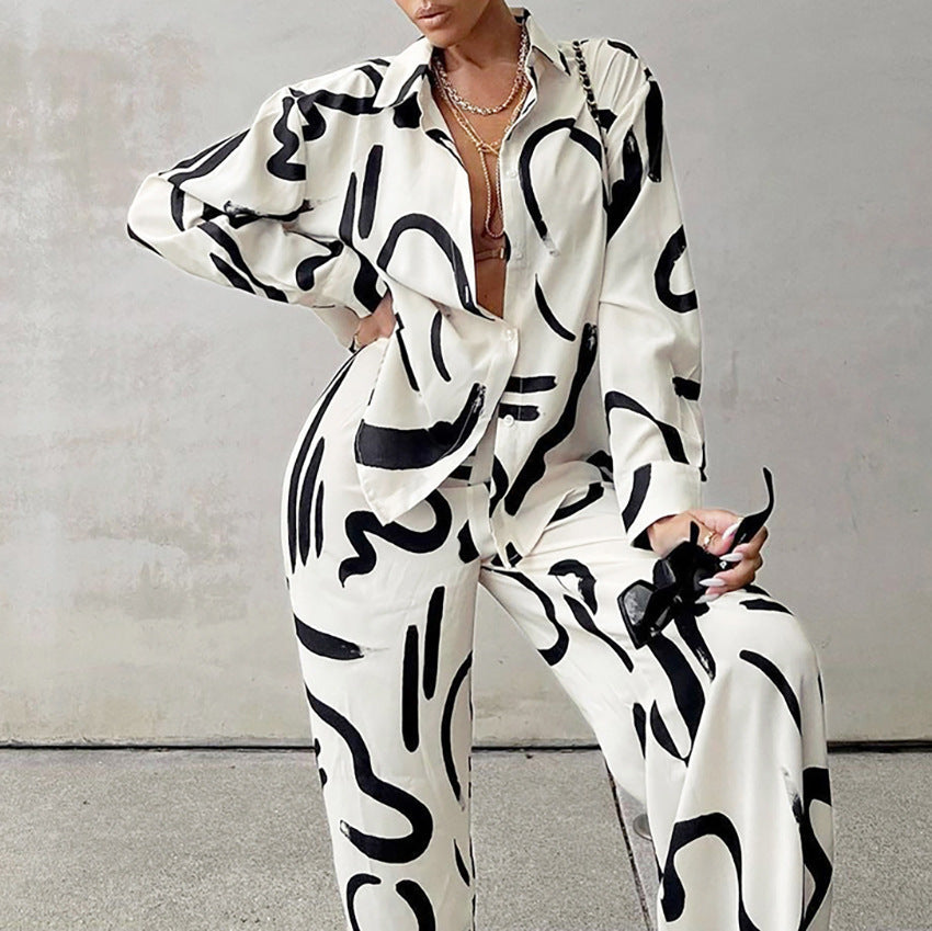 Printed Long  Wide-Pants Two-piece Set