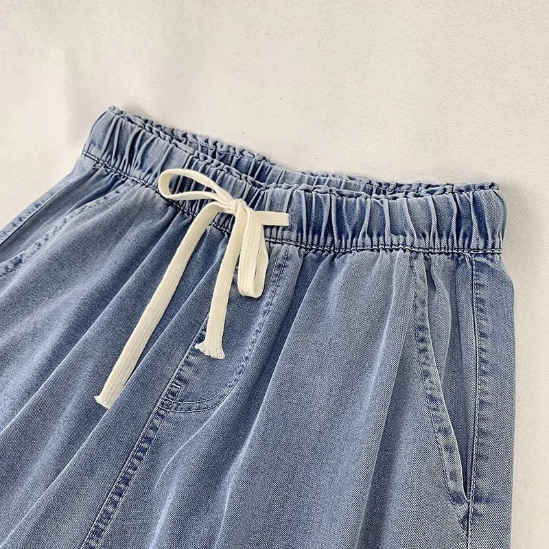 Denim Drawstring Wide-leg Pants