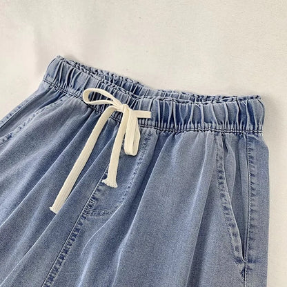 Denim Drawstring Wide-leg Pants
