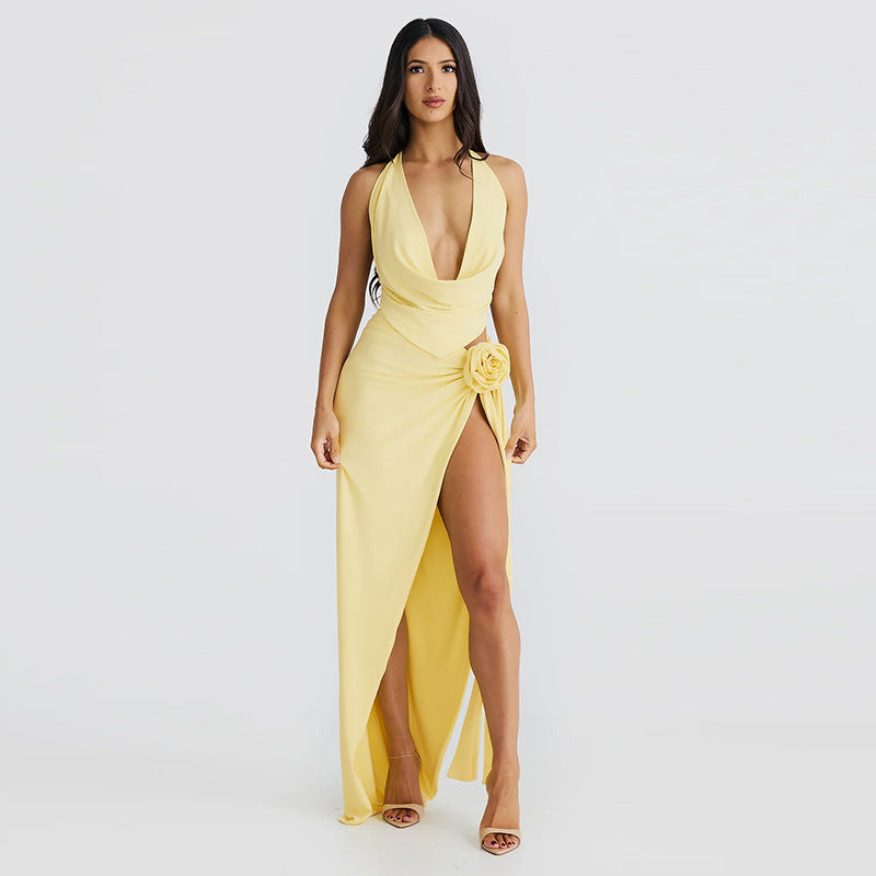 Deep V-neck Halter High Slit Skirt Set