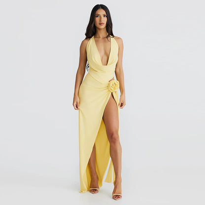 Deep V-neck Halter High Slit Skirt Set