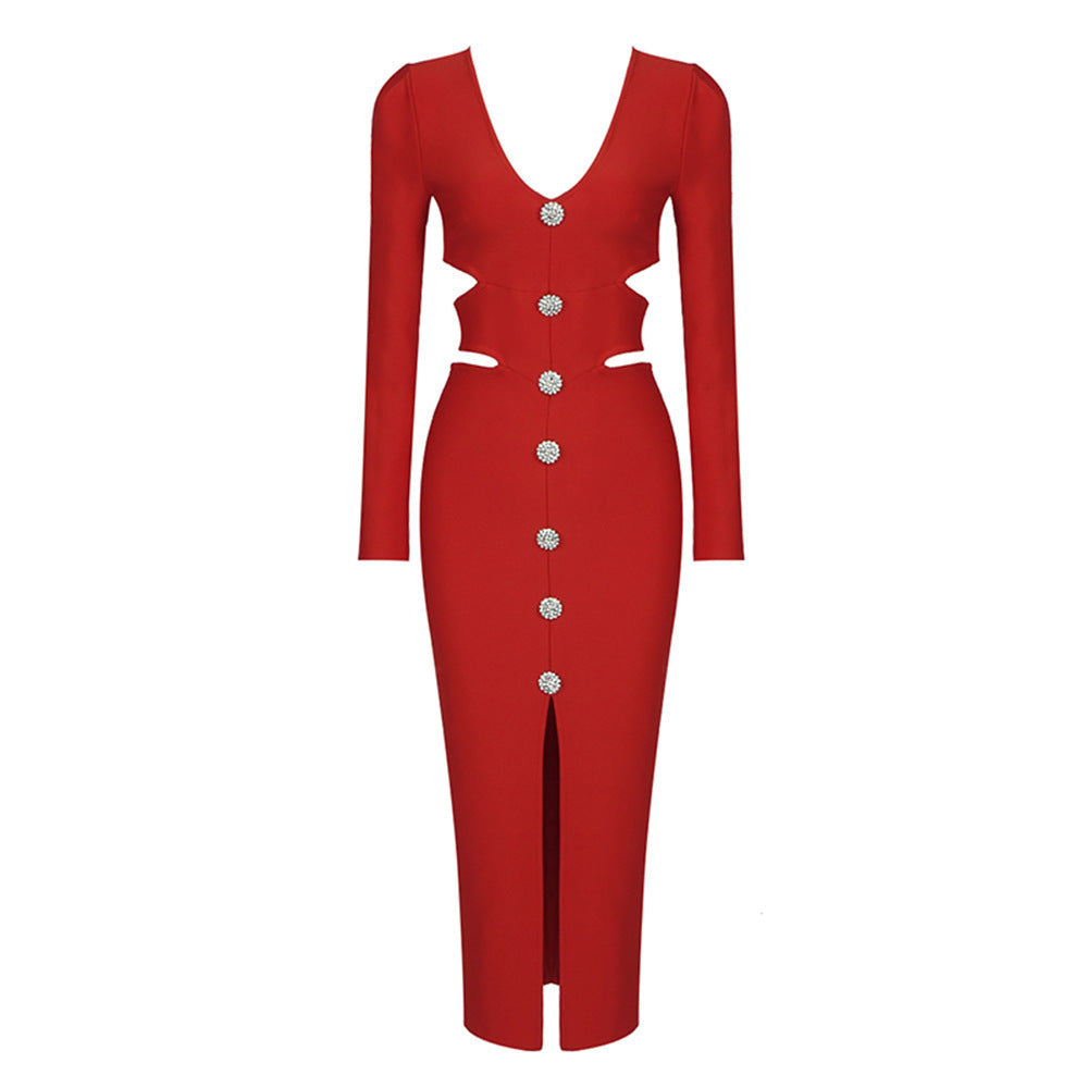 V-neck Long-sleeved Slit Dress