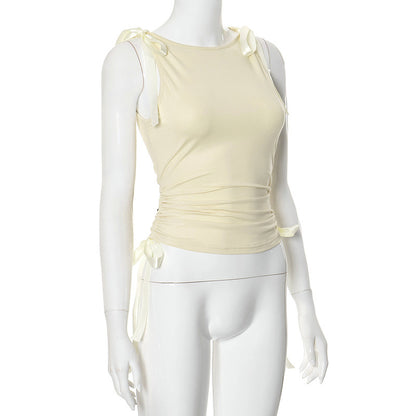 Navel Solid Ribbon Drawstring Top