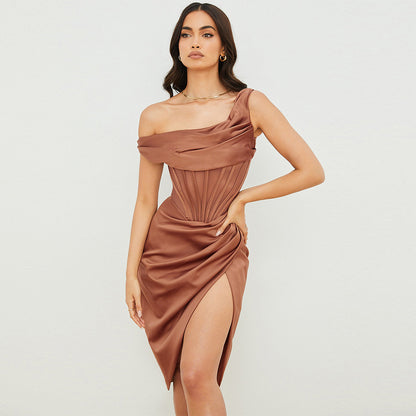 Corset-Style One‑Shoulder Irregular Slit Dress