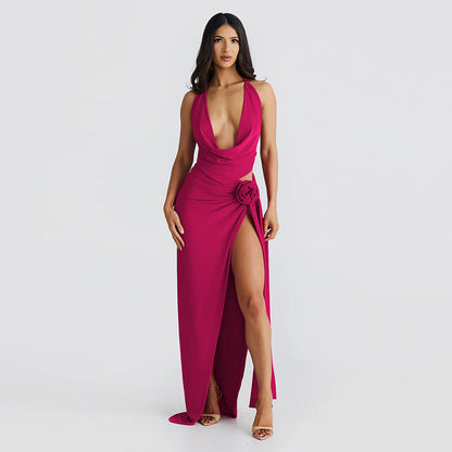 Deep V-neck Halter High Slit Skirt Set
