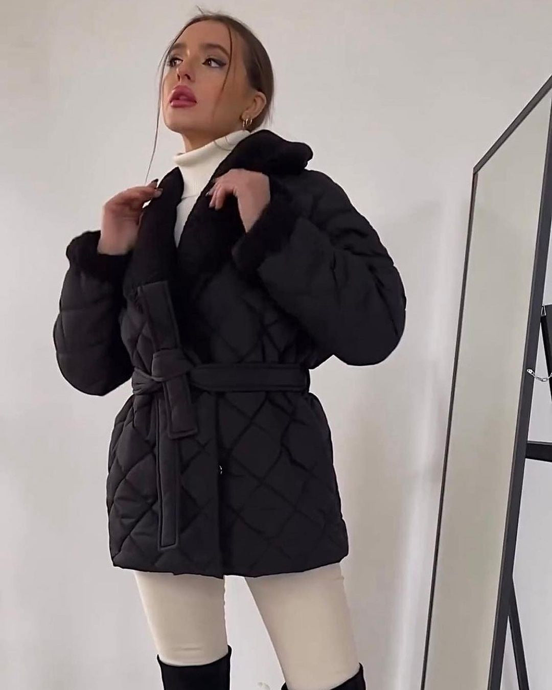 Lapel Faux Fur Waist-Tied Coat