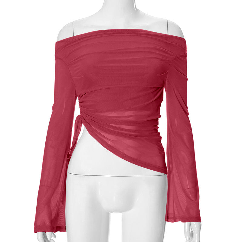 Solid Long-sleeved Off-shoulder Top