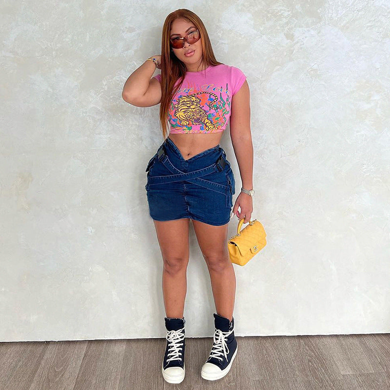 Cross Buckle V-shaped Denim Skirt