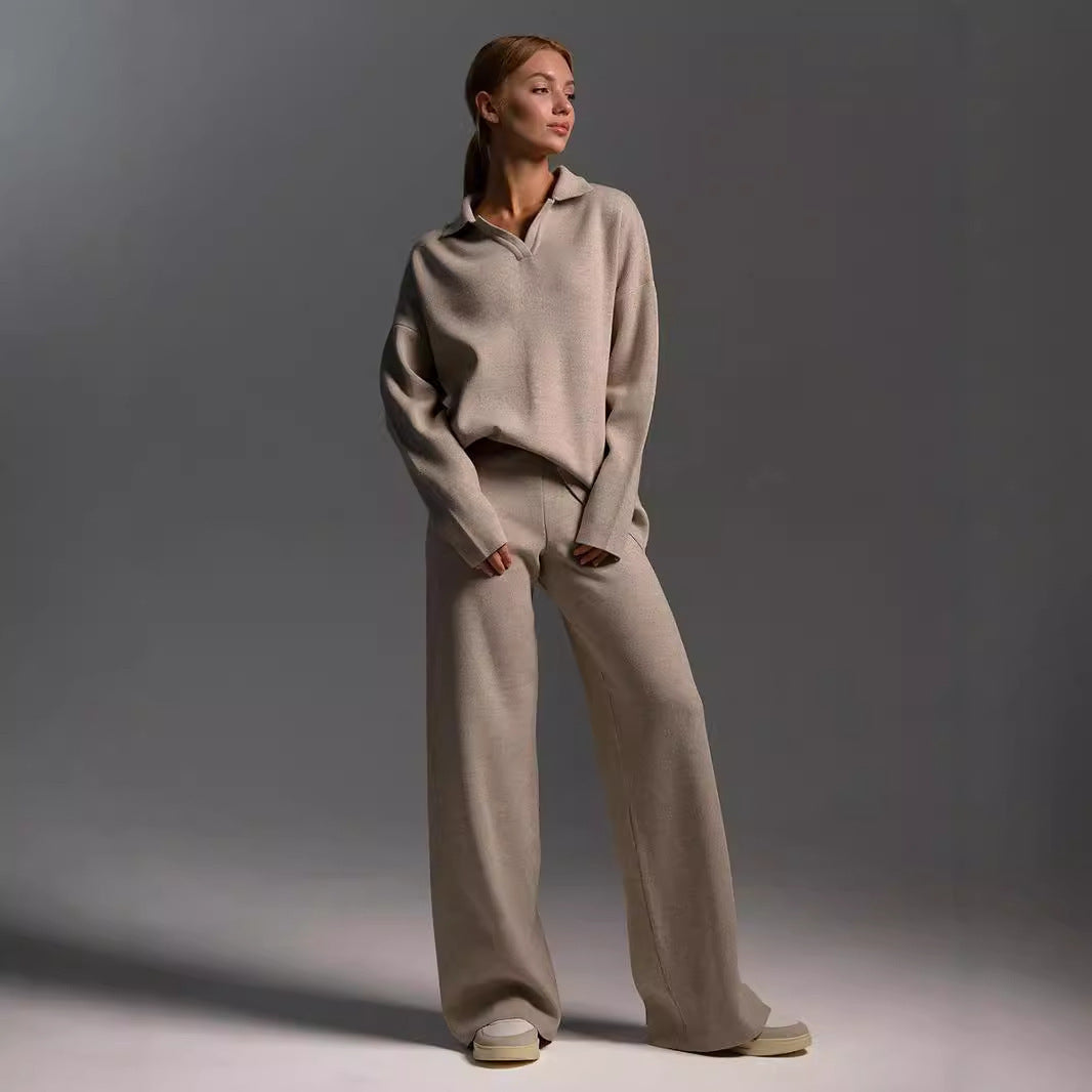 Simple Loose Solid Collar Sweater Set