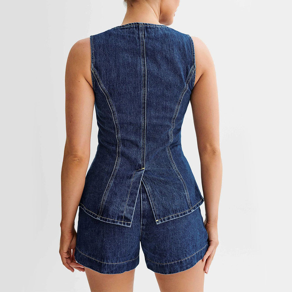 Denim Top And High Waist Shorts Set