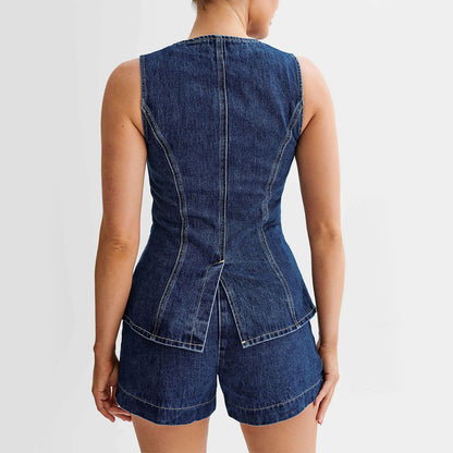 Denim Top And High Waist Shorts Set